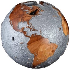 Striking Limited Edition Wooden Globe with Rough Texture Aluminium Finish 25 cm