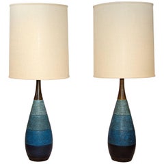 Pair of Midcentury Blue Ceramic Lamps, London Lamps