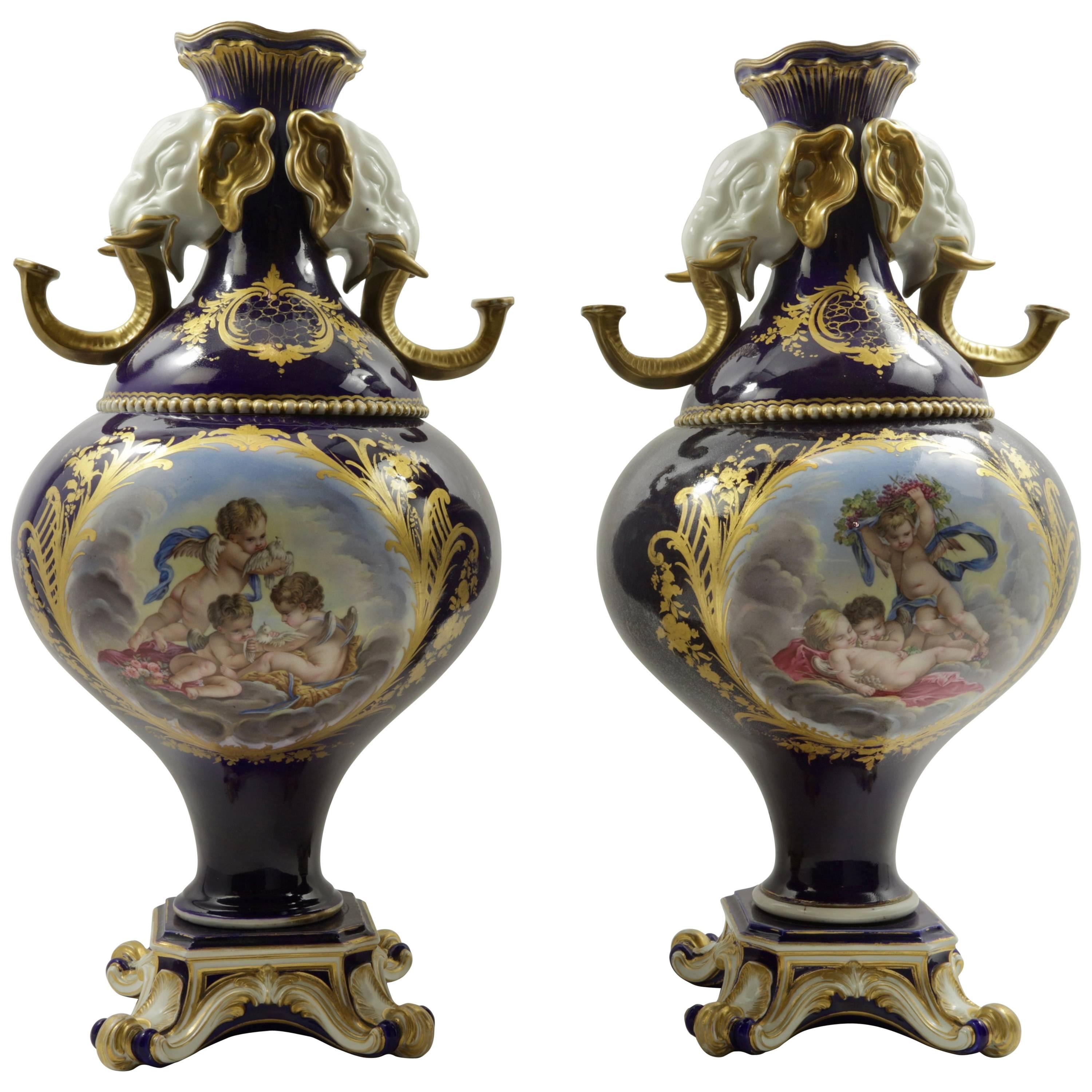 Pair of 19th Century Cobalt Blue Sèvres Style Vases with Elephant Handles