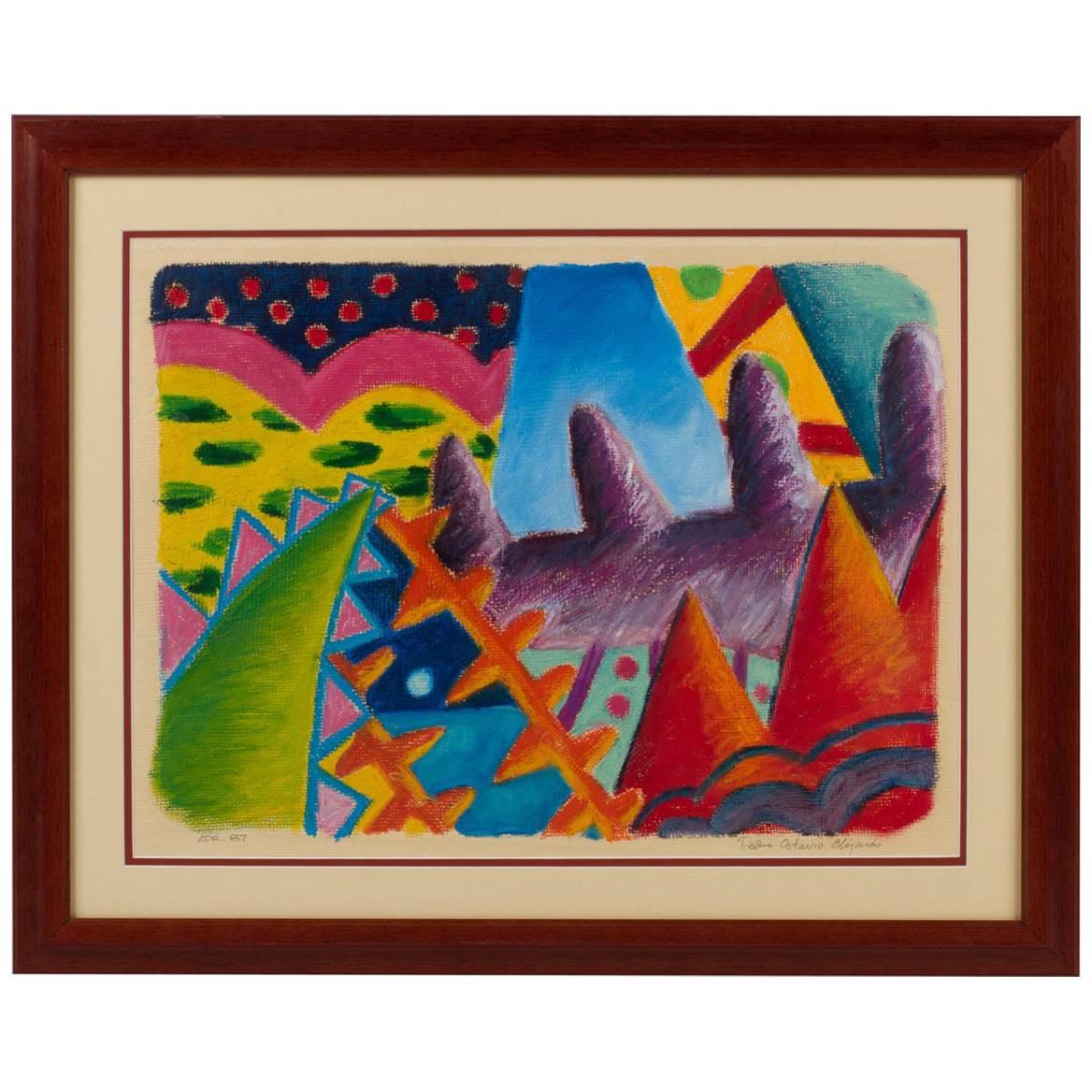 Colorful Pastel on Paper by Pedro Octavio Elizondo, 1980s