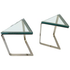 Pair of Polish Nickel and Glass Triangular Shape Side Tables