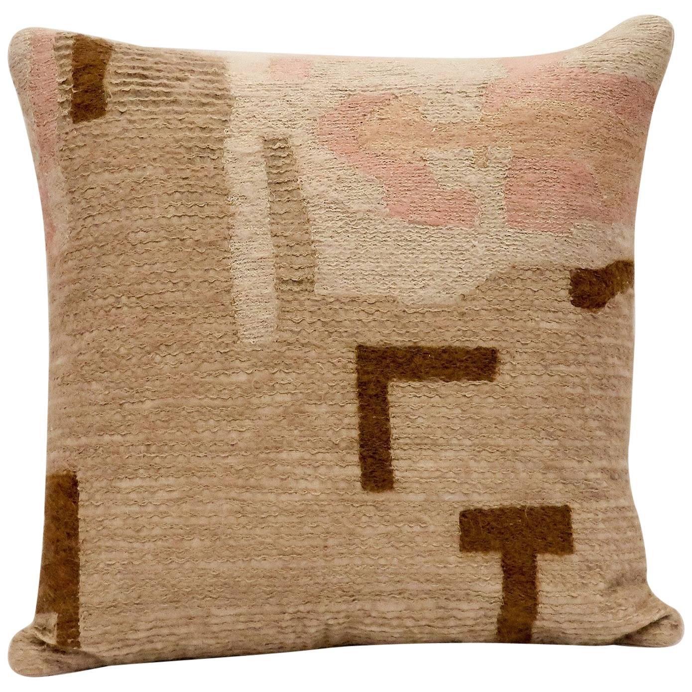 Handcrafted Embroidered Pillow Dusty Pink, Blush and Beige Wool Yarn For Sale