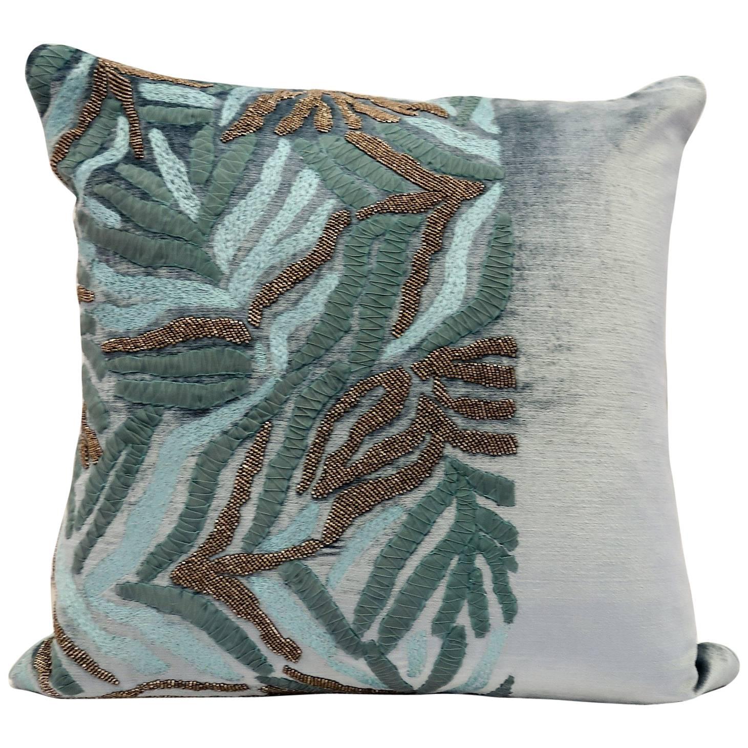 Handcrafted Velvet Pillow Hand Embroidered Abstract Aqua Foliage Design For Sale