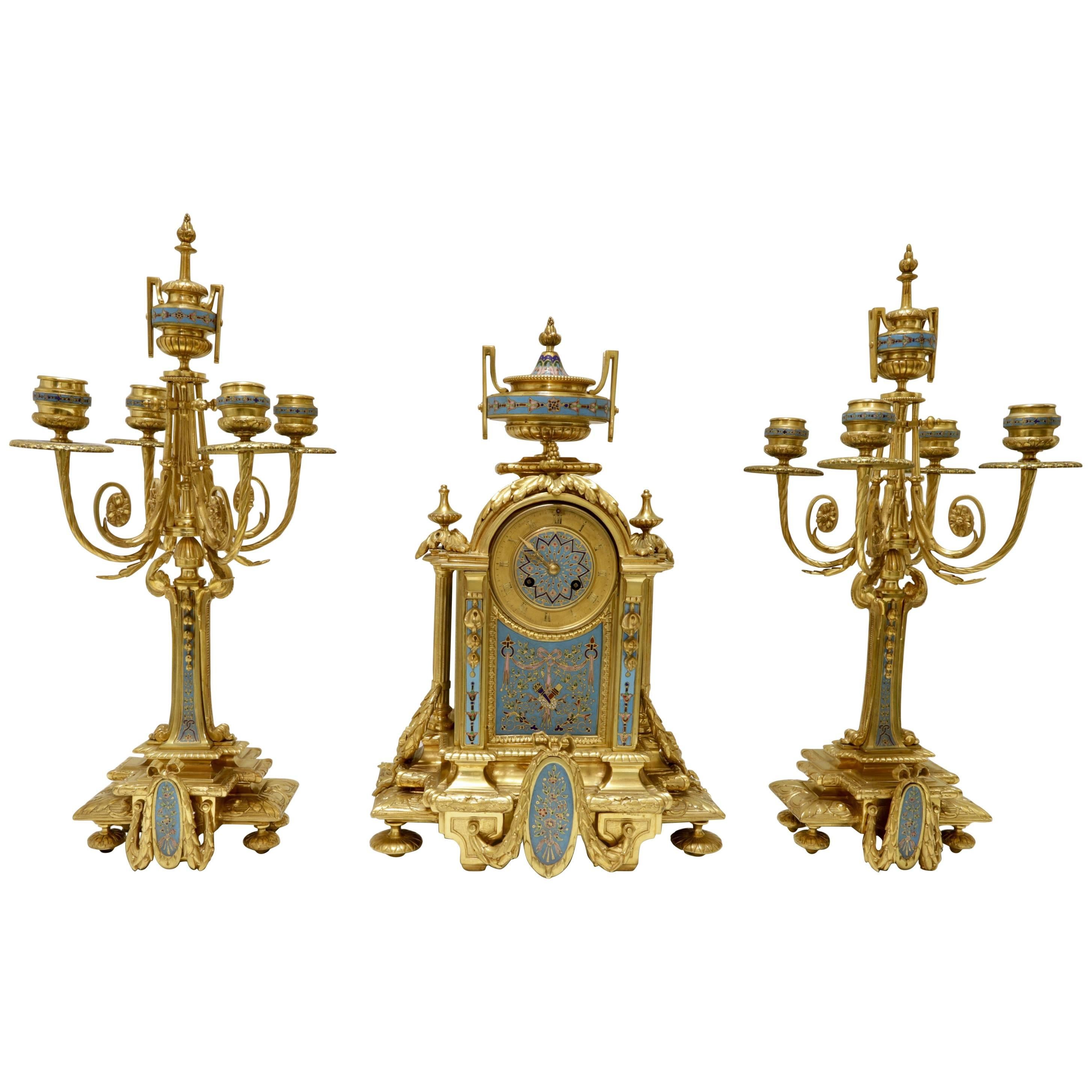 French 19th Century Bronze and Champlevé Enamel Clock Set