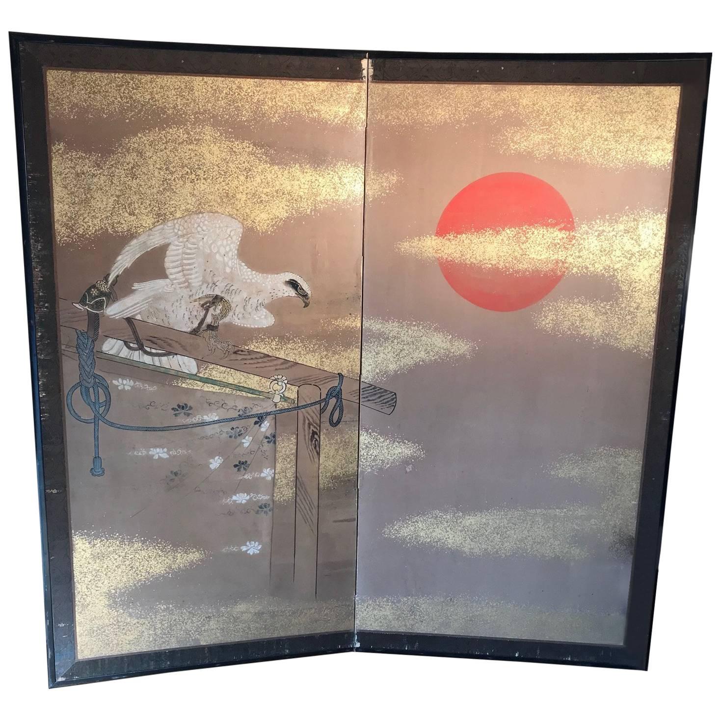 Japanese Samurai "Prized Hunting Bird and Golden Sun" Fine Two Panel Screen