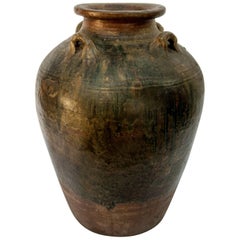 Antique Martaban Ware Stoneware Storage Jar, Running Glaze, Ming Dynasty, Found in Laos