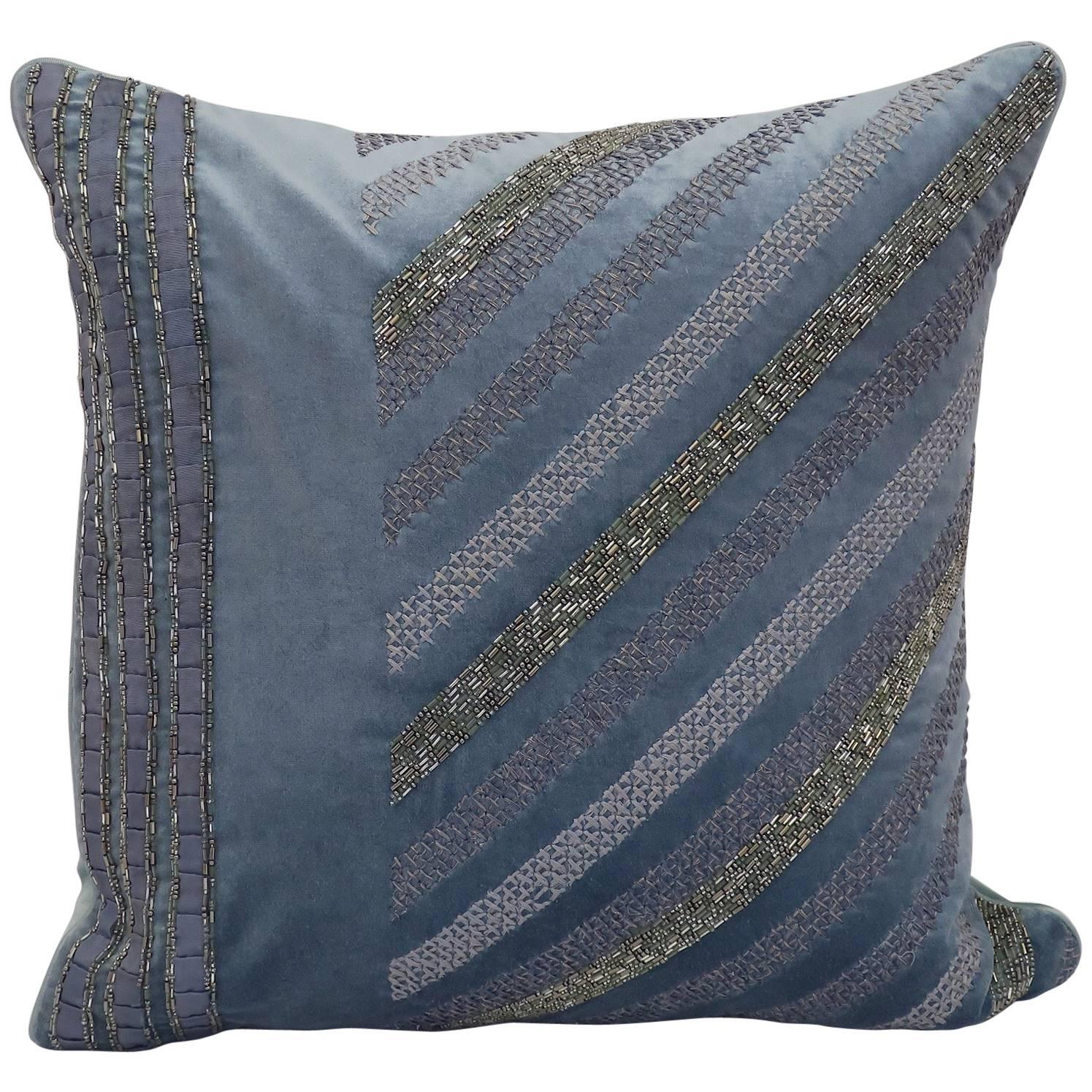 Handcrafted Embroidered Blue Velvet Pillow Cross Stitched Beaded Ribbonwork For Sale