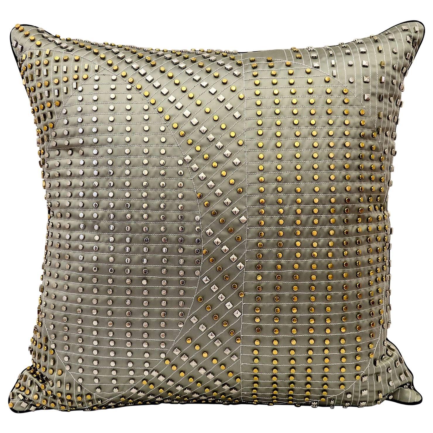 Handcrafted Embroidered Pillow Silver and Gold Metallic on Charcoal Satin For Sale