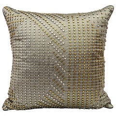 Handcrafted Embroidered Pillow Silver and Gold Metallic on Charcoal Satin