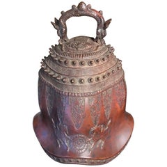Fine Japan Antique Cast Red Bronze Horses Fire Bell Superb Patina, 19th Century