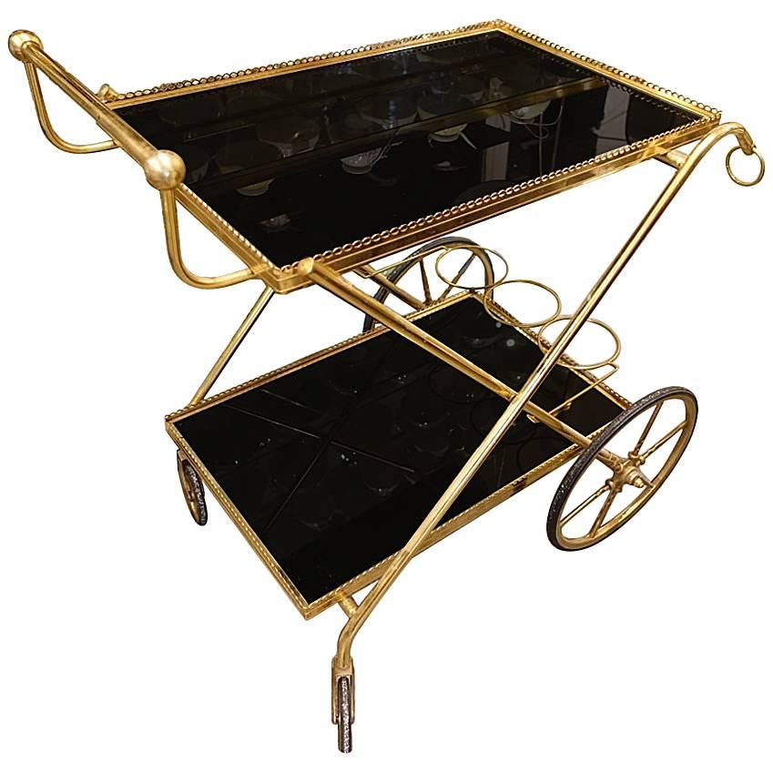 Brass and Opaque Black Glass Serving Trolley