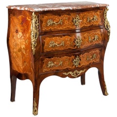 Antique Fine French Louis XV Style Inlaid Bombe Marble Topped Commode