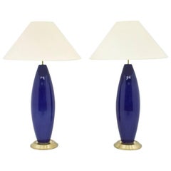Pair of Cobalt Blue Glass Table Lamps with Brass 1970s