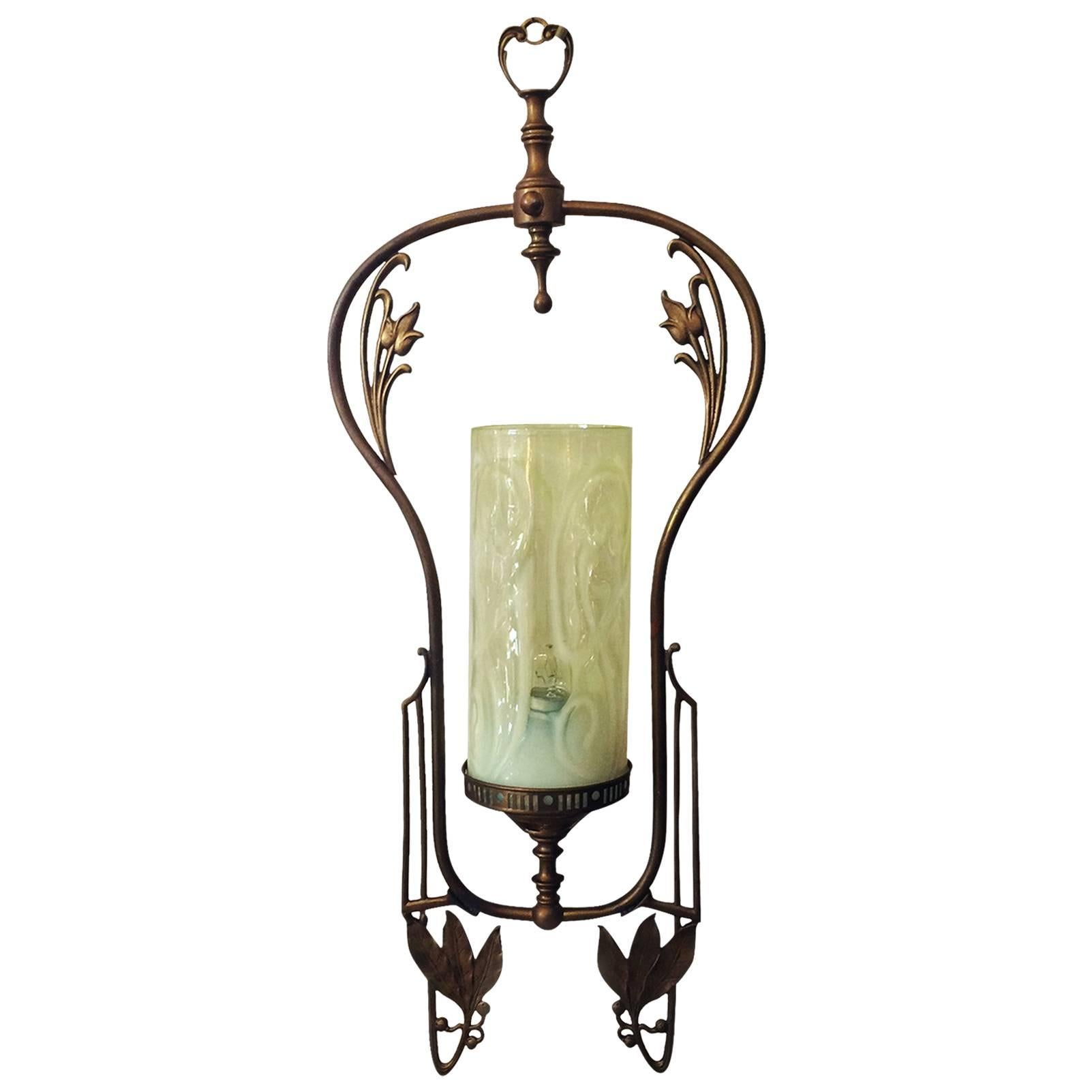 Art Nouveau Vaseline Glass Floral Ceiling Hanging Light Lamp