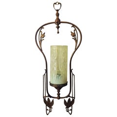 Art Nouveau Vaseline Glass Floral Ceiling Hanging Light Lamp