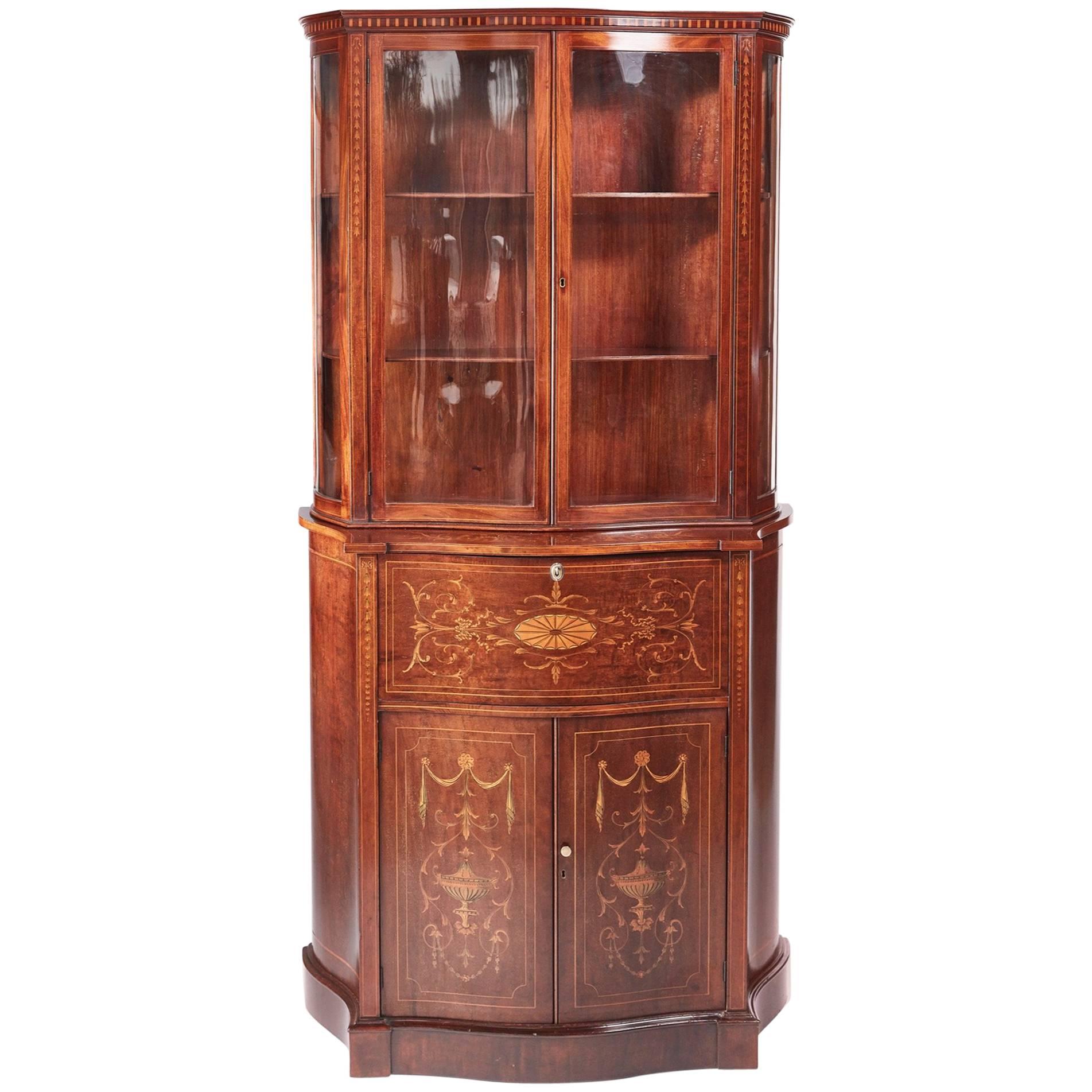 Fine Antique Mahogany Inlaid Serpentine Shaped Secretaire Bookcase or Cabinet im Angebot