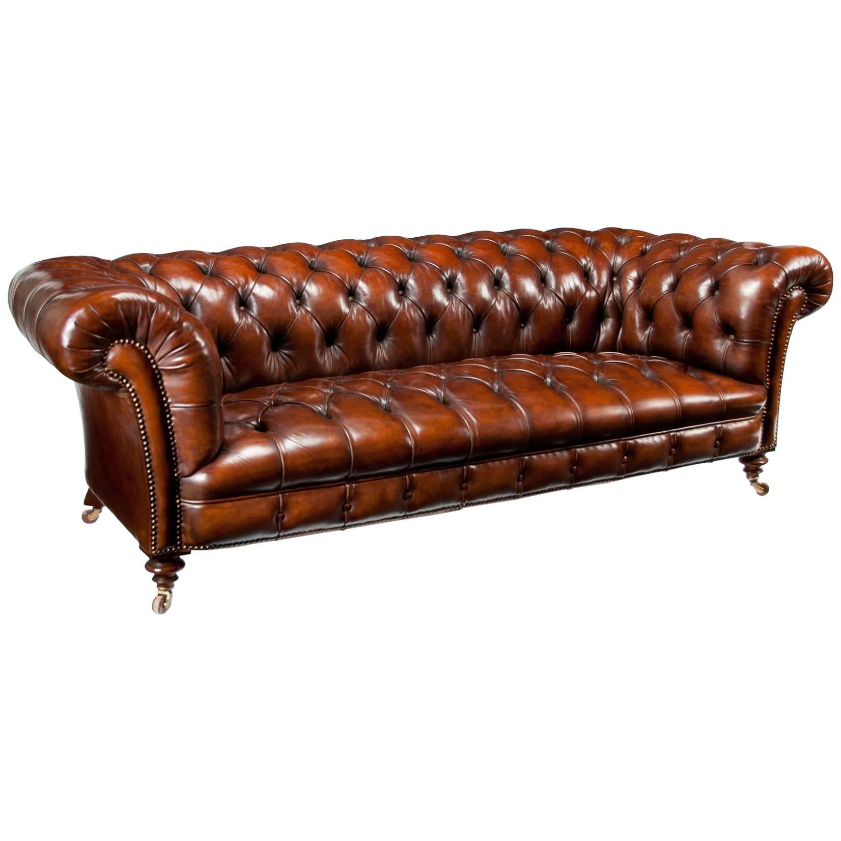 Victorian James Jas Shoolbred Leather Walnut Chesterfield Fully Stamped