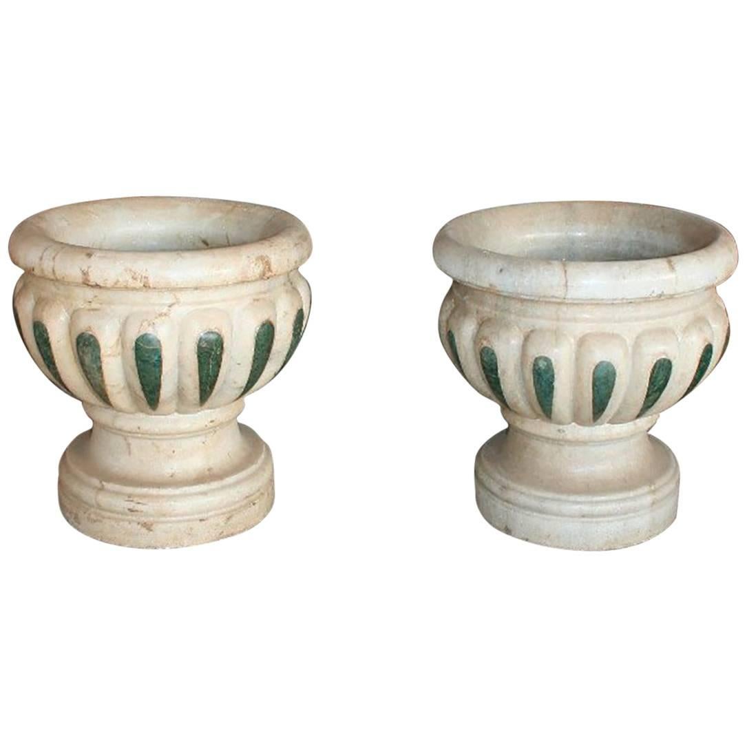 Pair of Aged Macael Marble Hand-Carved Planters with Serpentine Green Inlays