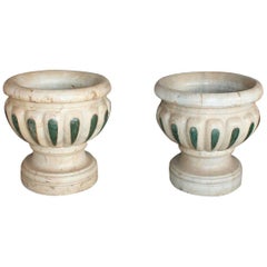 Pair of Aged Macael Marble Hand-Carved Planters with Serpentine Green Inlays