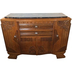 French Art Deco Oak Carved Marble-Top Sideboard