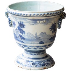 Large 18th Century French Blue and White Faience Cache Pot or Jardinière