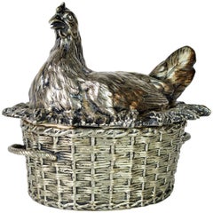 19th Century English Silver Plate Hen on Nest & Basket Egg Server, G. R. Collis