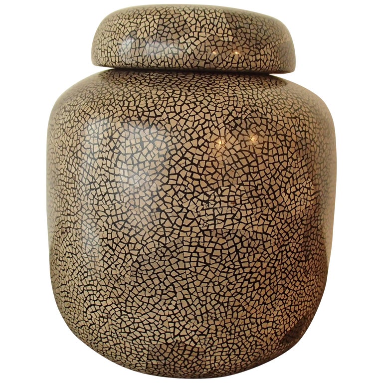 Modern Ceramic Lid Vase Craqelee Beige Brown Black at 1stDibs