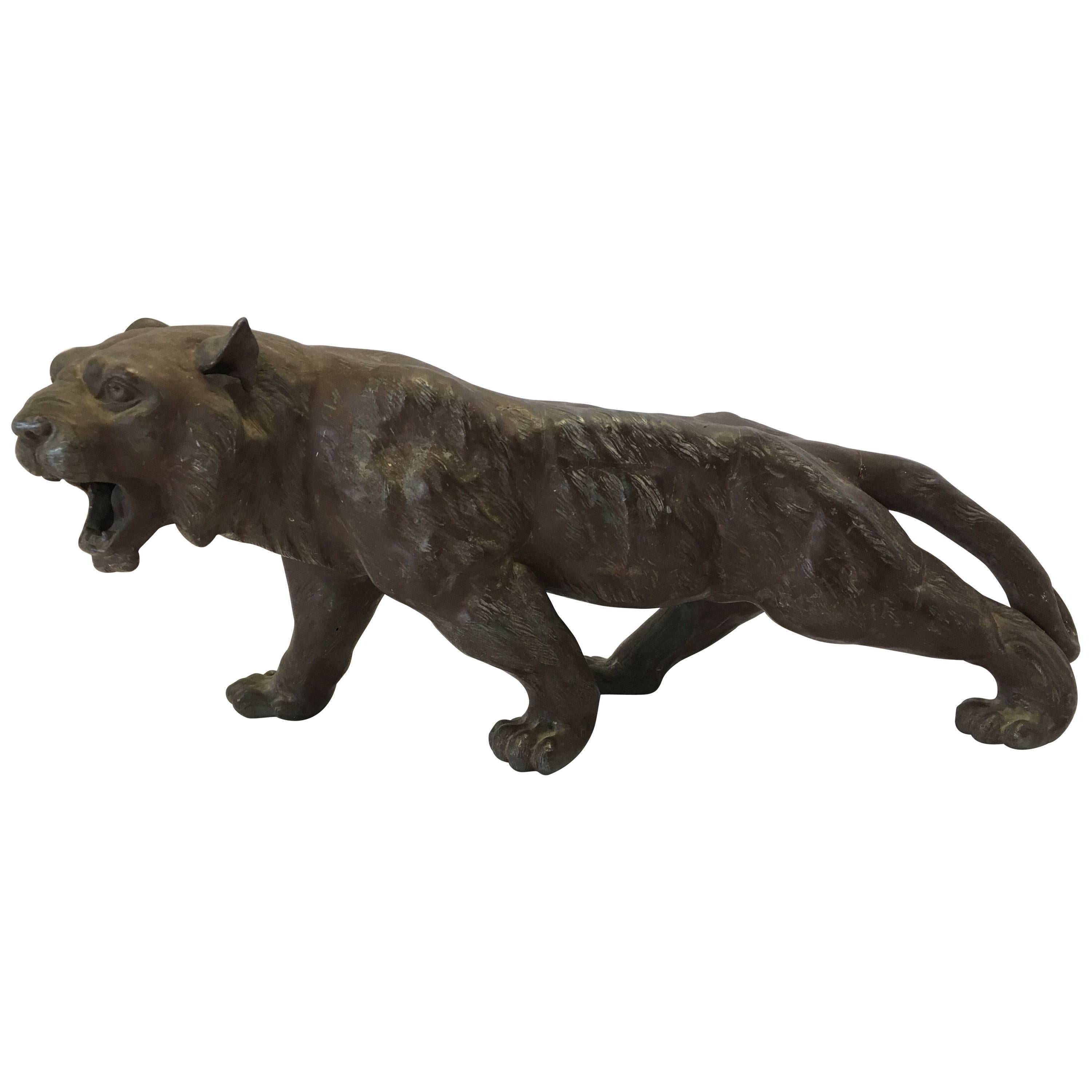 Asian Panther Lion Tiger Ebony Gunmetal Sculpture, Late 19th Century