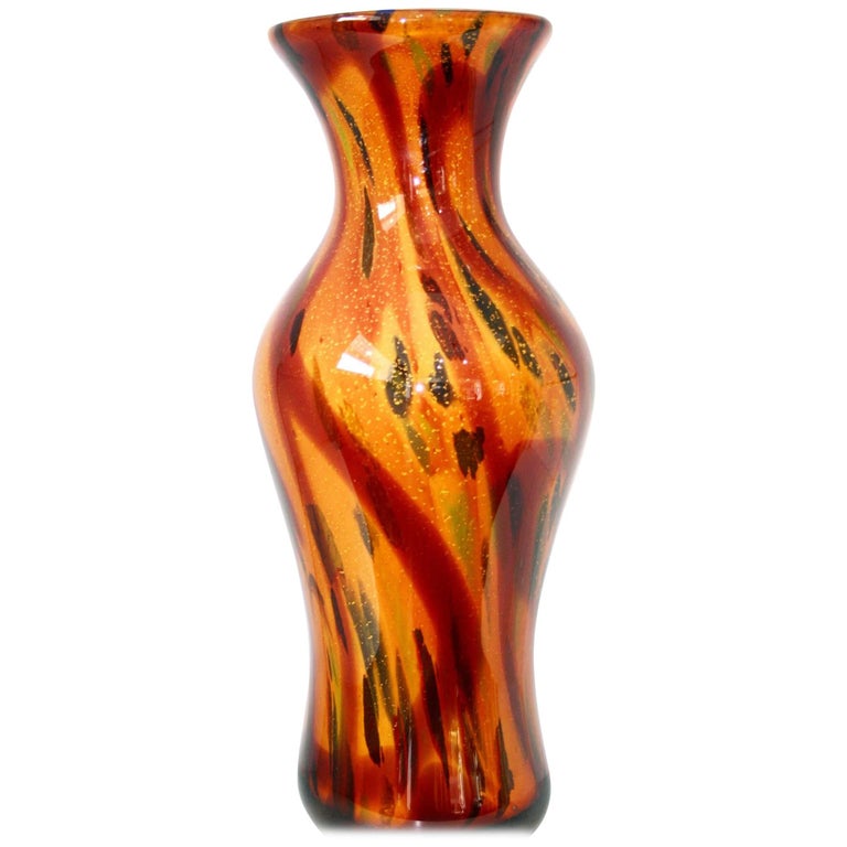 Murano 1960s Art Glass Vase with Swirls of Orange, Red, Yellow and Blue