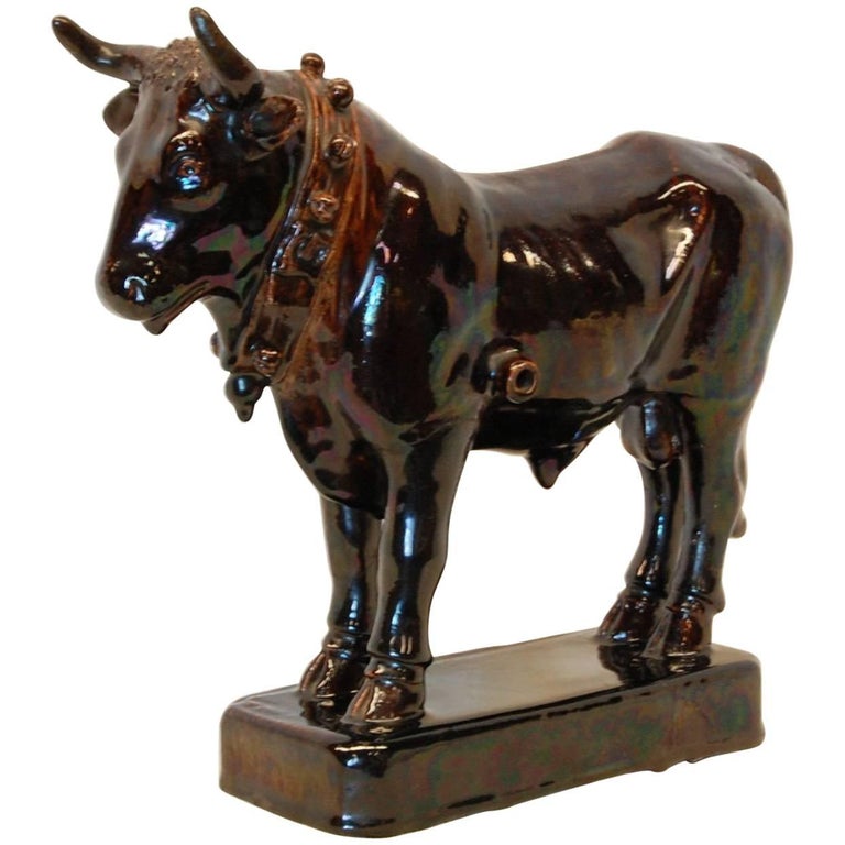 19th C. Port Wine Cask of Large Brown Glazed Bull or Oxen, Possibly