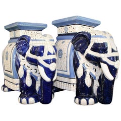 Pair of 1970s Ceramic Elephant Stools in Cobalt Blue and White