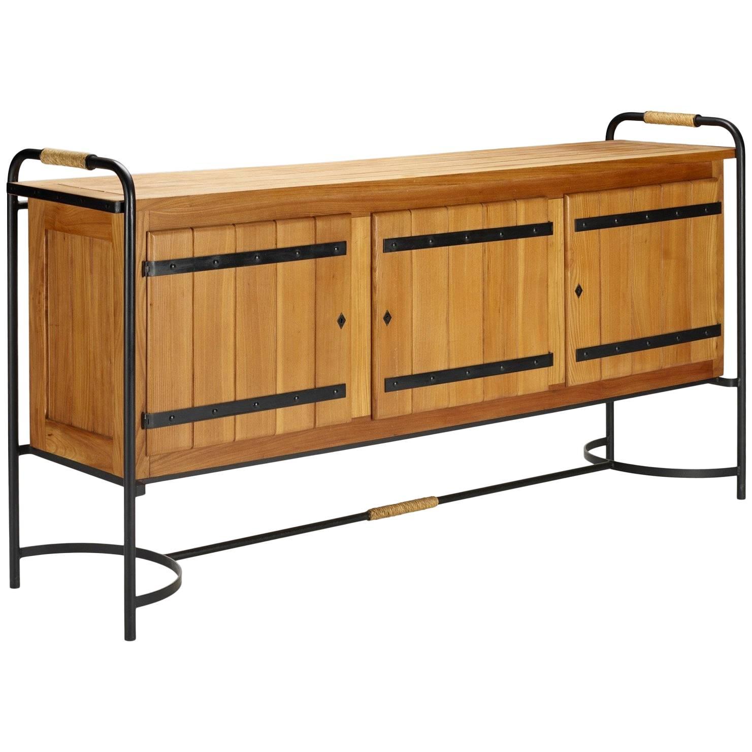 Stunning Large Sideboard by Jacques Adnet in Elm and Wrought Iron, France 1950's