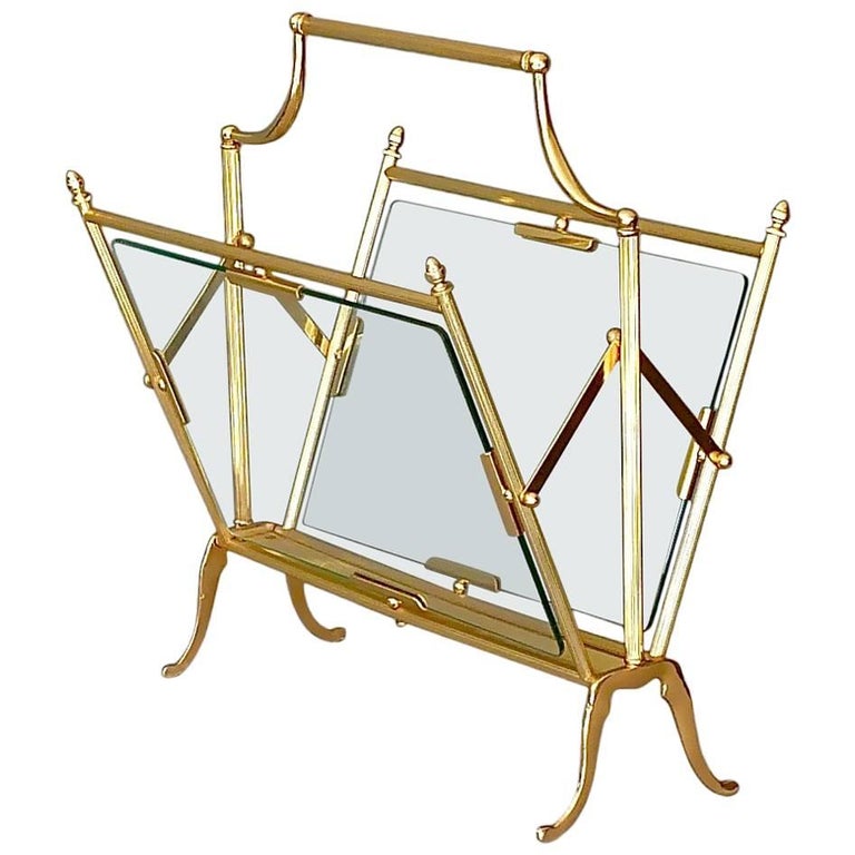 Fine Maison Bagues Magazine Holder Stand Rack Gilt Brass Glass France