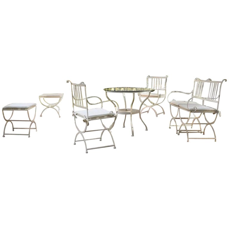 Set of Garden Furniture with Four Armchairs and Glass Roundtop in