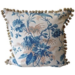 19th Century French Blue Fern Leaves Print Cotton Bobble Trim Pillow