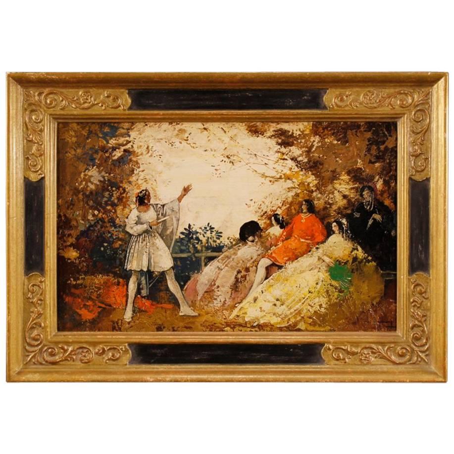 French Signed Painting Romantic Landscape with Characters Oil on Board