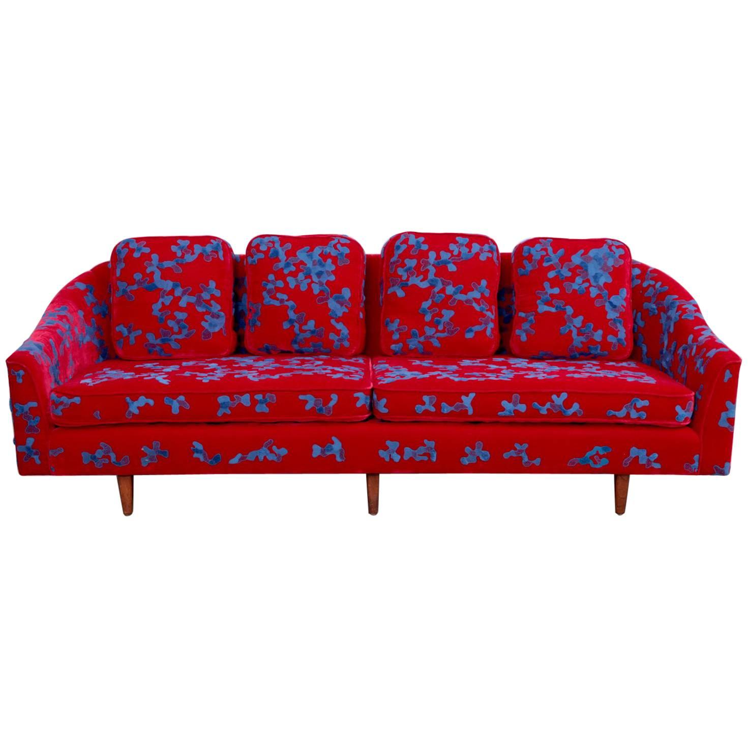 Red and Blue Harvey Probber Sofa with Jupe by Jackie Hand Embroidered Fabric For Sale