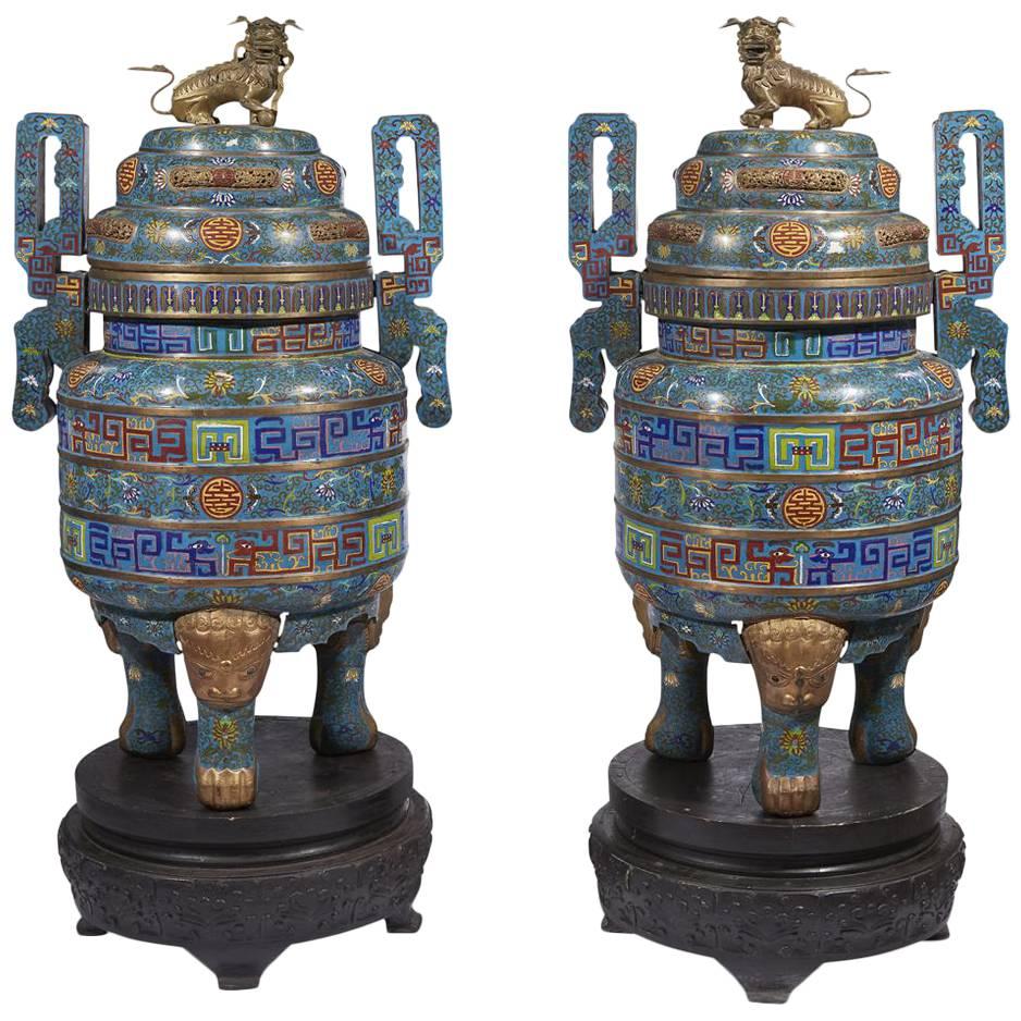 Pair of Massive Chinese Blue Cloisonné Enamel Censers, Early 20th Century