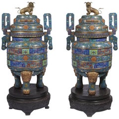 Antique Pair of Massive Chinese Blue Cloisonné Enamel Censers, Early 20th Century