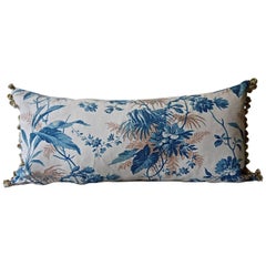 19th Century French Blue Fern Leaves Print Cotton Bobble Trim Pillow