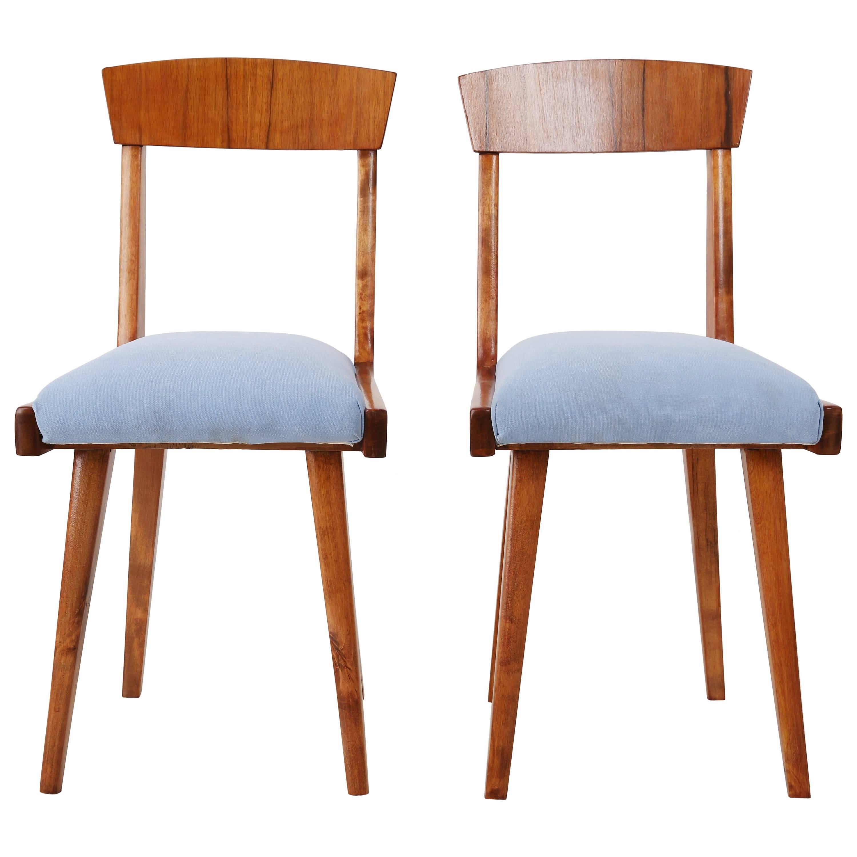 Set of Two Mid Century Baby Blue Velvet and Medium Wood Chairs, Europe, 1960s For Sale