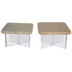 Lucite and Fossil Stone Pair of Side Tables, 1970s