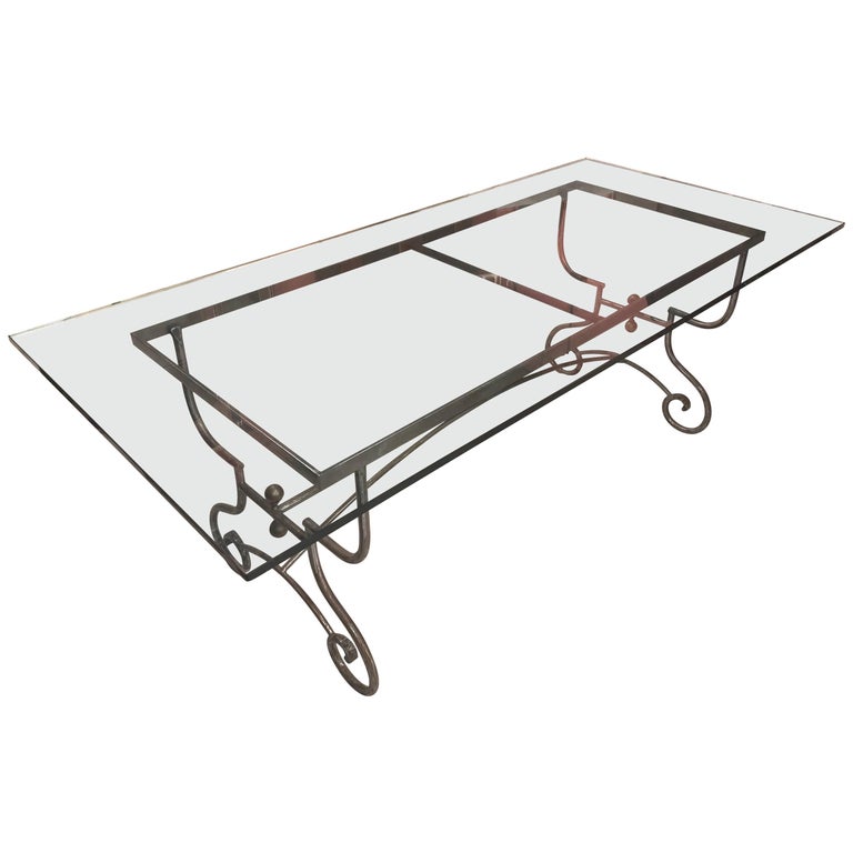 French Baker’s Table Adapted to a Glass Top Dining Table at 1stDibs