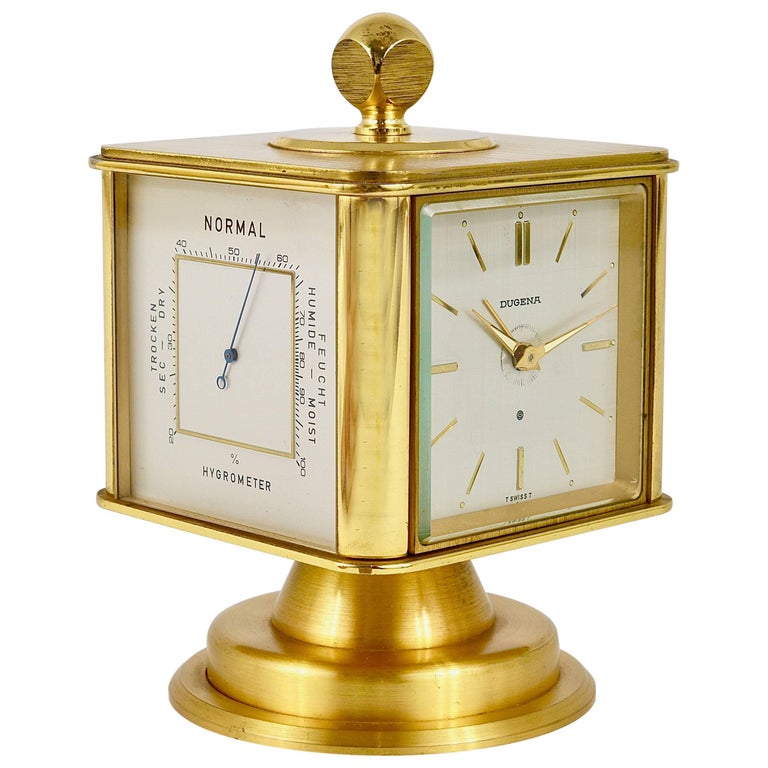 Hollywood Regency Brass Alarm Desk Clock and Weather Station by Dugena