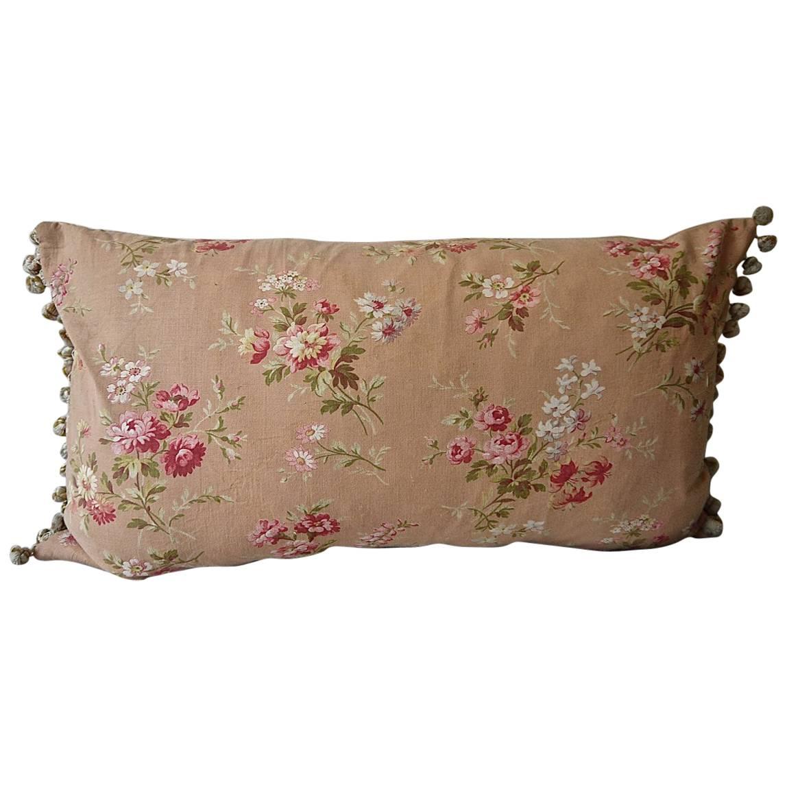 Early 20th Century French Pretty Floral Bobble Trim Pillow