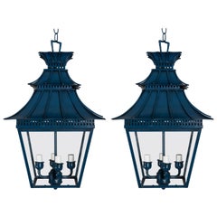 Pair of Chinoiserie Custom Painted Blue Pagoda Lanterns