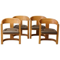 Set of Four Karl Springer Oak and Leather 'Onassis' Arm or Dining Chairs