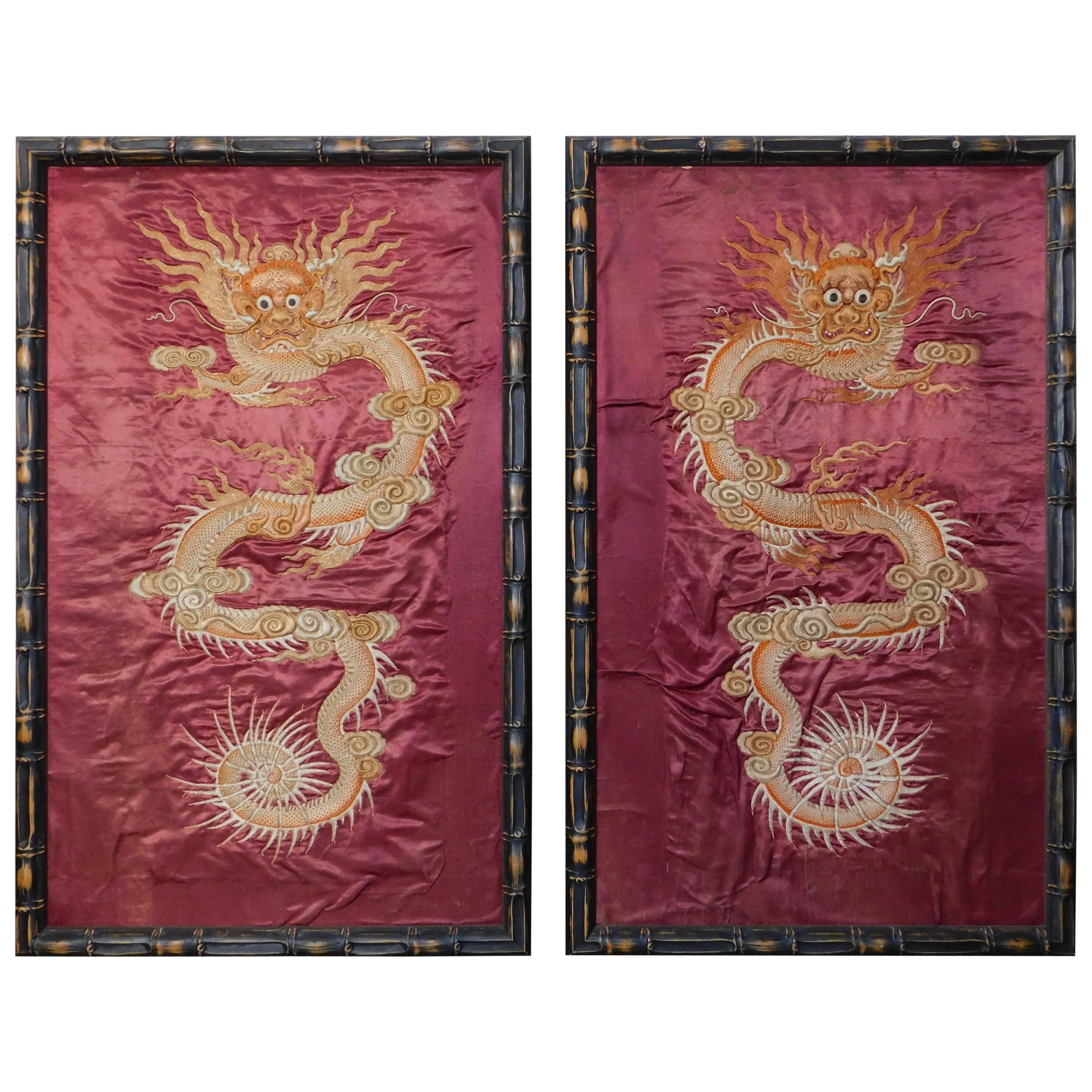 Pair of Chinese 19th Century Heavily Embroidered Dragon Silk Panels