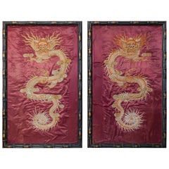 Antique Pair of Chinese 19th Century Heavily Embroidered Dragon Silk Panels