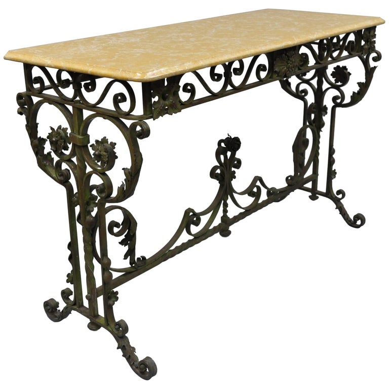 French Art Nouveau Green Wrought Iron Marble-Top Scrolling Console Hall Table For Sale